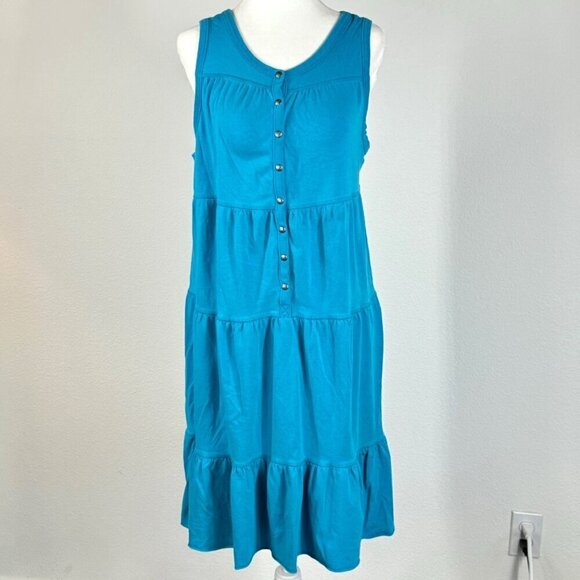 Athleta Dresses & Skirts - Athleta Tank Dress Tiered Midi Ruffles Size M Blue Sleeveless